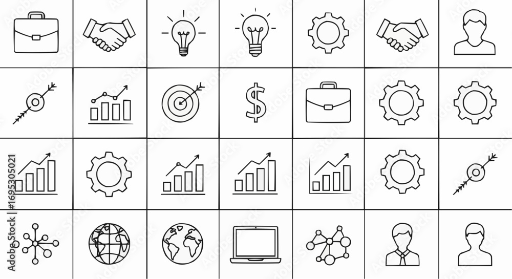 Fototapeta premium Business strategy and management icons set vector design for presentation and marketing material design asset vector