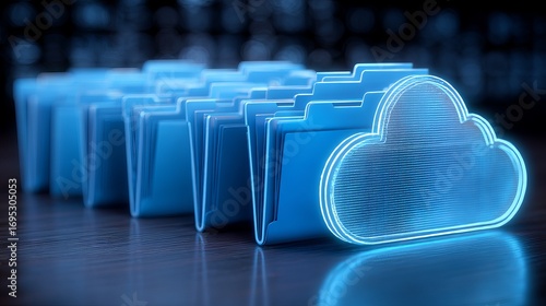 Organize digital information and secure data with a glowing cloud icon alongside organized blue file folders on a dark wooden surface, symbolizing modern storage solutions.