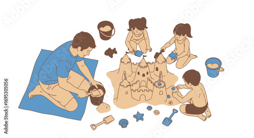 happy family building a sandcastle on the beach, summer vacation, children playing together, joyful moments