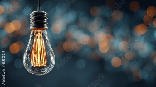 Warm glowing Edison bulb illuminates with filament detail against a dreamy bokeh background, symbolizing inspiration and bright ideas.
