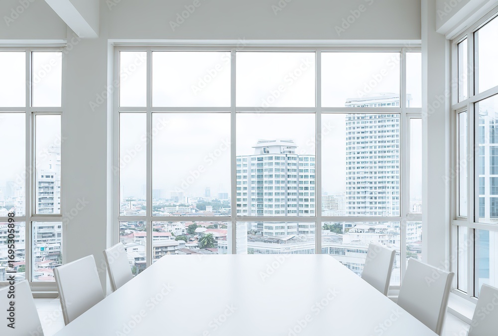 Fototapeta premium Bright White Conference Room: City View and Modern Office