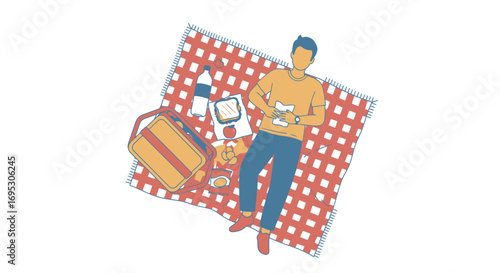 man relaxing on picnic blanket, enjoying lunch outdoors, summer picnic scene