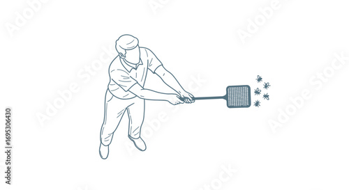 man swinging fly swatter, hitting flies, pest control, summer, insects, eradication