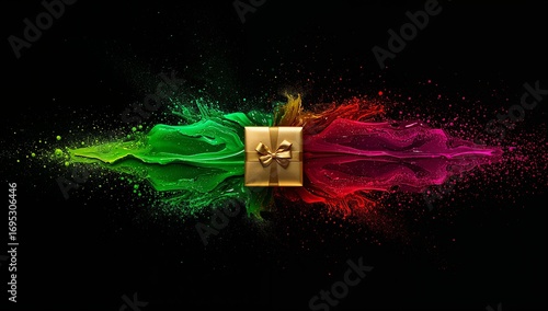 Golden gift box with ribbon amid red and green paint splash on black — abstract celebration banner, luxury present background for holidays, birthdays, sales and marketing