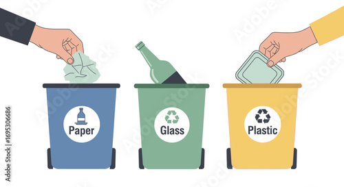 Sorting Recycling Bins An Illustrated Guide for Proper Waste Disposal with Hands