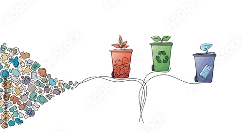 Conceptual illustration showing the recycling process from waste collection to eco-friendly bins with plants growing from them