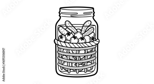 mason jar pickles, tomatoes, and cucumbers simple line drawing illustration