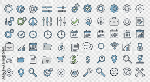 Assorted Icons and Symbols in Blue and Gray Colors, Including Gears, Settings, and More