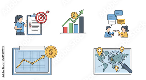 Business and growth icons achieving goals, financial success, global expansion, and teamwork