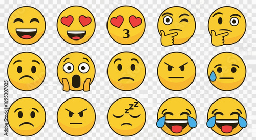 A vibrant collection of yellow emoji icons displaying a broad spectrum of human emotions and facial expressions for digital communication and online reactions