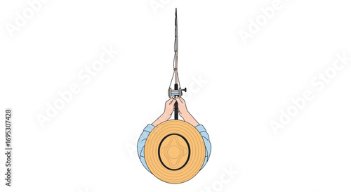 overhead view of fisherman holding fishing rod and reel, summer hat