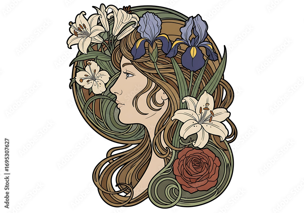Naklejka premium Elegant Art Nouveau portrait of a woman's profile with intricate floral hair design featuring lilies and irises