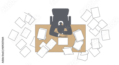 overwhelmed businessman sleeping at desk, surrounded by paperwork and documents business stress, deadline concept
