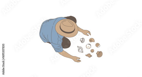 person in hat collecting seashells on the beach, summer vacation, top view illustration