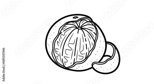 peeled orange fruit illustration, citrus, line art, black and white, graphic design element, healthy food, vitamin c, fresh fruit, simple drawing, handdrawn style, monochrome