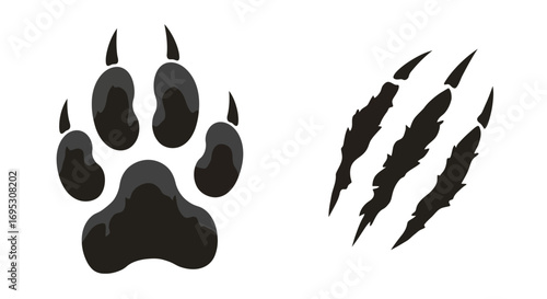 Illustration showing a black animal paw print and a set of three claw scratch marks, both isolated on a white background.