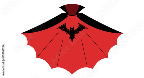 Illustration of a red and black vampire cape with a bat emblem on a white background.