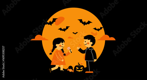 Cute cartoon children sharing a Halloween treat under a full orange moon.