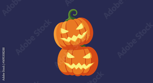 Two jack-o'-lanterns stacked vertically, illuminated from within, against a dark background.