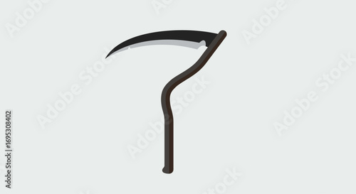 A stylized illustration of a dark, curved scythe with a sharp blade and a wooden handle, presented against a plain, light gray background.