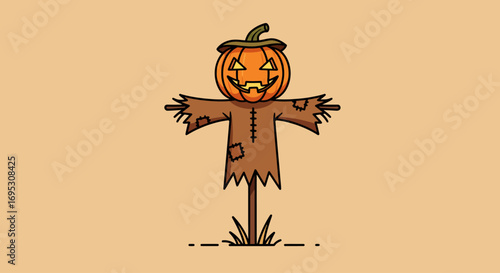 A cartoon illustration of a friendly scarecrow with a carved jack-o'-lantern for a head, standing in a field.