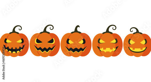 A row of five carved Halloween pumpkins with glowing, menacing faces and stems, set against a white background.