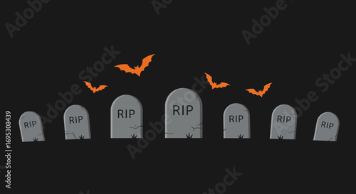 Spooky Halloween graveyard scene with tombstones and bats.