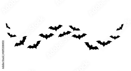A flock of black bats in flight, forming a curved pattern against a white background.