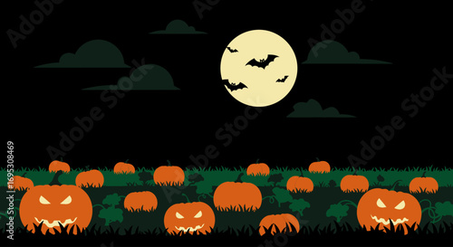 A spooky Halloween night scene with flying bats, a bright moon, and glowing jack-o'-lanterns in a pumpkin patch.