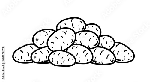 pile of potatoes, organic farm fresh, vegetable, food, rustic, drawing, black and white, line art, illustration, simple, sketch