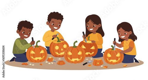 Four children carving pumpkins together for Halloween.