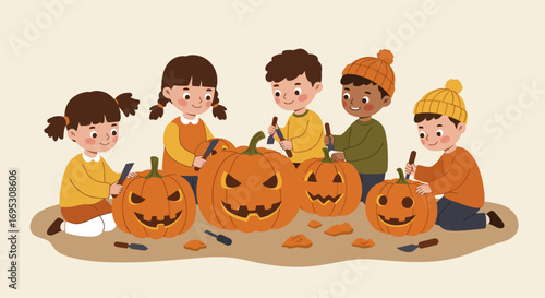 Children carving pumpkins together for Halloween, a fun autumnal activity.