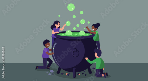 Four children surround a large cauldron, filled with bubbling green liquid, as if creating a potion.