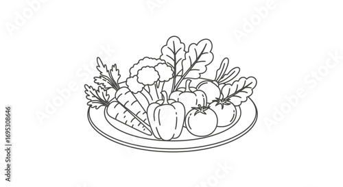 plate of fresh vegetables carrots, broccoli, bell pepper, tomatoes, and spinach healthy food illustration