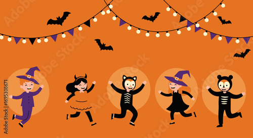 Happy children in Halloween costumes joyfully celebrate, bats and lights decorate the festive scene.