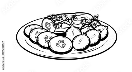 plate of sliced cucumbers, onions, and dill fresh, healthy, and delicious food illustration