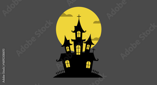 Silhouette of a spooky haunted house against a large yellow moon.