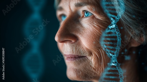 Wisdom meets future science as an elder's thoughtful gaze connects with vibrant, glowing DNA helixes symbolizing genetic discovery and insight.