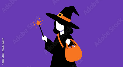 A faceless character dressed as a witch with a pointy hat and wand celebrates Halloween with a candy pail.