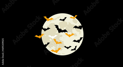 A swarm of black and orange bats flies across a full moon against a dark night sky, evoking a spooky Halloween atmosphere.