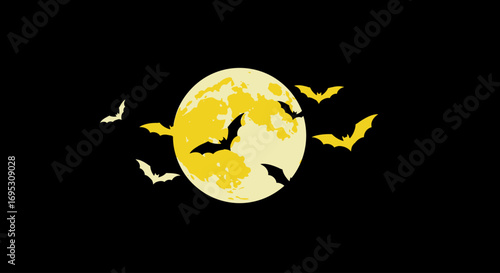 A full moon illuminates a dark night sky as several bats fly in silhouette around it.