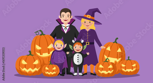 A cheerful family portrait showing parents and their two young children in various Halloween costumes surrounded by several carved pumpkin lanterns.