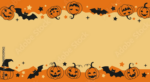 A festive Halloween border design featuring grinning jack-o'-lanterns, silhouetted bats, and a witch's hat against a warm orange background with scattered stars.