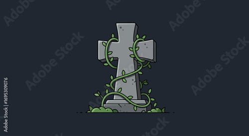 A stylized illustration of a weathered gravestone entwined with creeping vines.