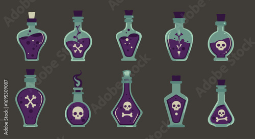 A collection of ten stylized glass bottles filled with purple liquid, featuring skull and crossbones symbols, suggesting potions or toxic substances.