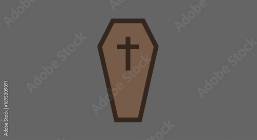 A simple, stylized illustration of a brown coffin with a cross emblem, set against a plain grey background.