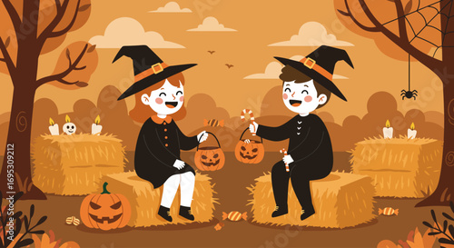 Two children dressed as witches sit on hay bales in an autumn scene, exchanging candy from pumpkin-shaped buckets.