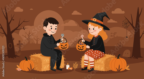 Two children, a boy and a girl dressed in Halloween costumes, sit on hay bales and share candy from pumpkin-shaped buckets in a spooky autumn scene.