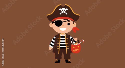 Cartoon child dressed as a pirate, holding a candy bucket, ready for trick-or-treating.