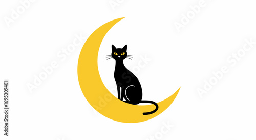 Black cat serenely perched atop a crescent moon, nighttime scene.